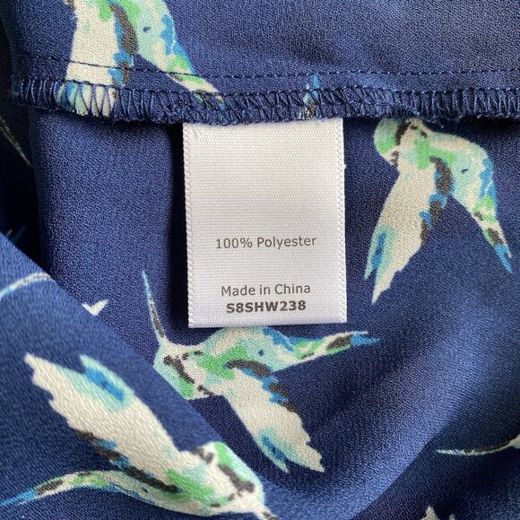 41 Hawthorn Shirt L Blue Hummingbird Print Polyester 3/4 Sleeve Popover Blouse - Picture 9 of 11